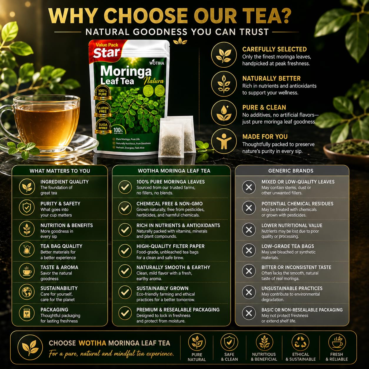 WOTIHA 60 Count Premium Lemon Balm Tea Bags - 100% Pure Natural Leaves, Lemony Citrusy Flavor, Supports Calming & Digestion, Caffeine-Free, Additive-Free, Sugar-Free, Vegan Non-GMO