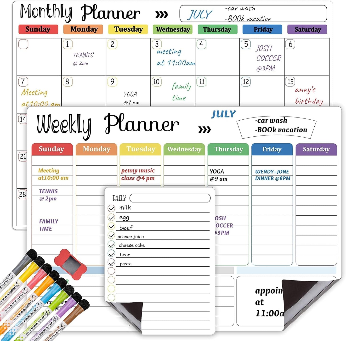 Hivillexun Magnetic Black Dry Erase Calendar White Board Set (3-Pack) - Monthly, Weekly Planners & Daily Notepad for Fridge, Home & Office, Includes 8 Markers