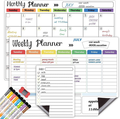 Hivillexun Magnetic Black Dry Erase Calendar White Board Set (3-Pack) - Monthly, Weekly Planners & Daily Notepad for Fridge, Home & Office, Includes 8 Markers
