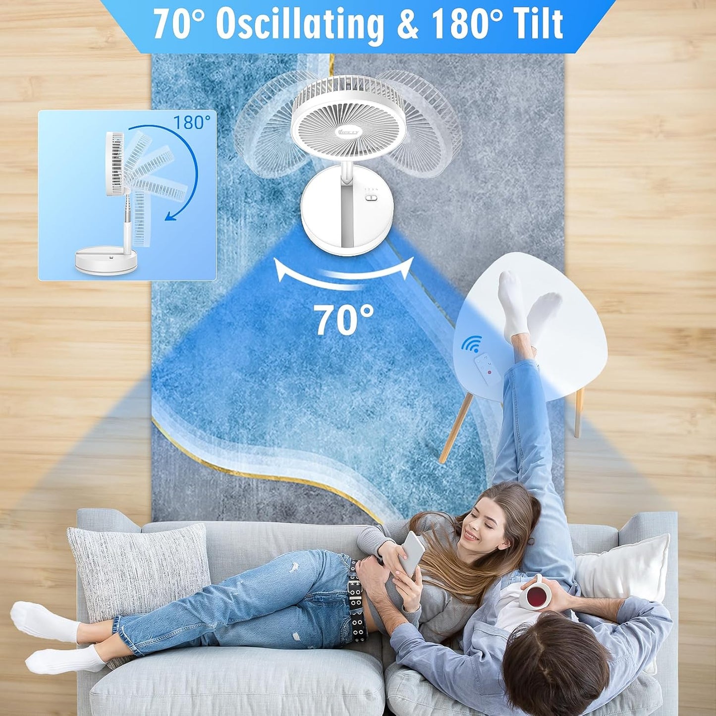 Portable Foldable Rechargeable Oscillating Fan - 8.6" 8000mah Battery Operated USB C Small Fan with Remote Quiet Table Desk Fan Folding Standing Pedestal Fan for Bedroom Rome Office Camping Travel