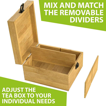 Tea Organizer Box Food Safe Chemical Free Bamboo Wood Storage Chest Big, Tall, Adjustable Cubbies (8-Slot 14.3" x 8.1" x 4.2" with TEA print design)