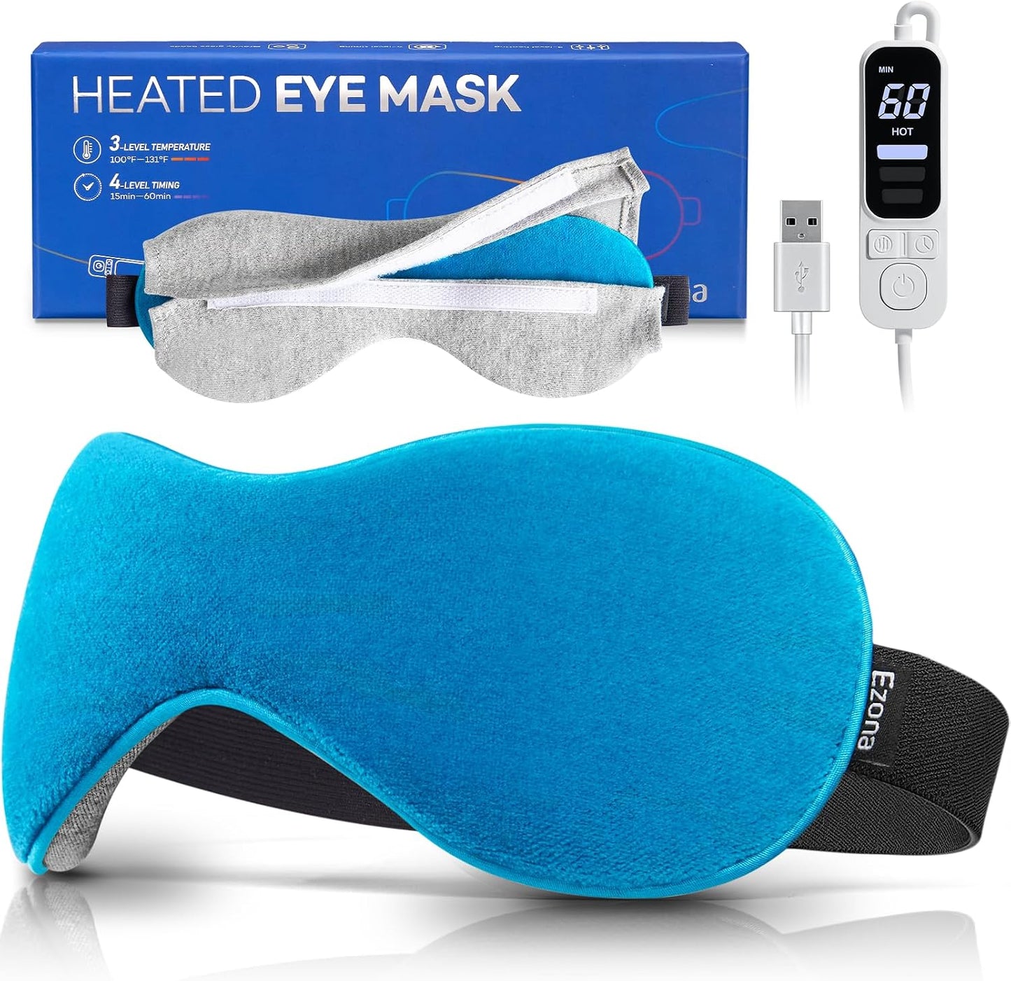 Ezona Heated Eye Mask, Warm Eye Compress Mask for Dry Eyes, USB Electric Eye Heating Pad with Temperature & Timer Control, Dry Eye Mask for Blepharitis, Sinus Migraine (Indigo)