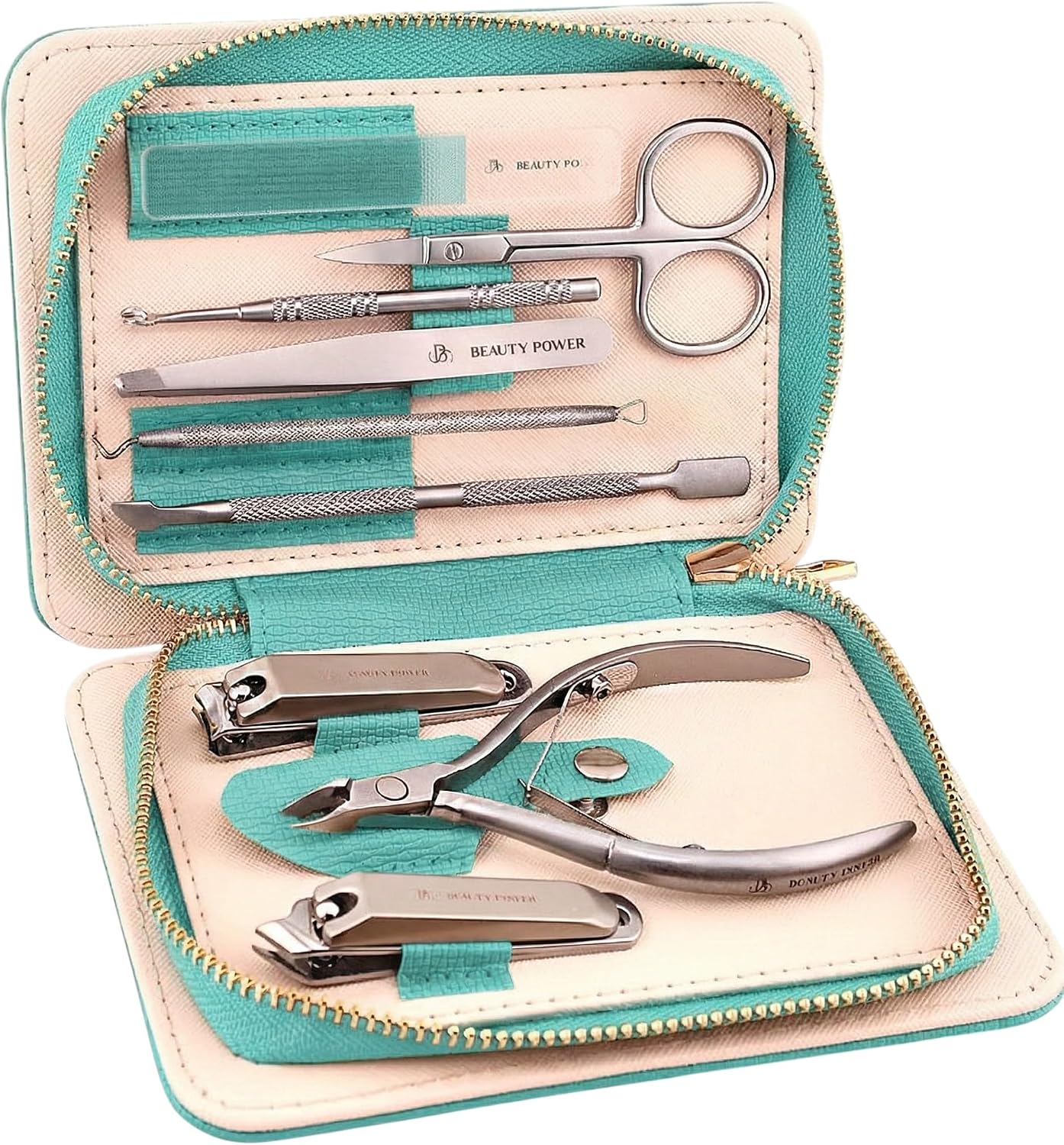 Beauty Power 9 in 1 Professional Manicure Pedicure Set - Stainless Steel Nail Clippers, Nano File, Cuticle Nipper, Scissors, Tweezers, Travel PU Leather Case for Men & Women - Gift Idea - Pink