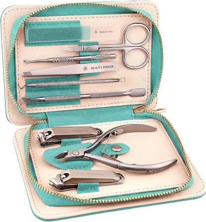 Beauty Power 9 in 1 Professional Manicure Pedicure Set - Stainless Steel Nail Clippers, Nano File, Cuticle Nipper, Scissors, Tweezers, Travel PU Leather Case for Men & Women - Gift Idea - Pink