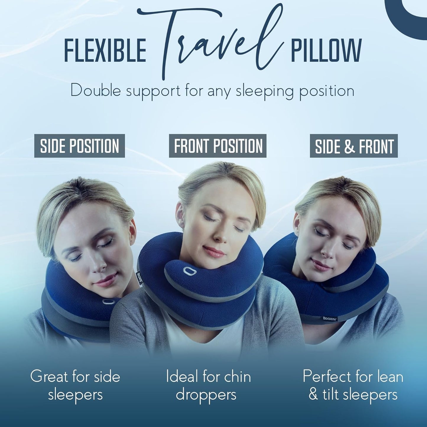 BCOZZY Travel Neck Pillow for Airplane– Patented Double Support for Head, Neck, and Chin. Best for Long Flights, Plane Sleeping, and Car Rides. Adjustable Size. Fully Washable. Carry Bag. Large, Black