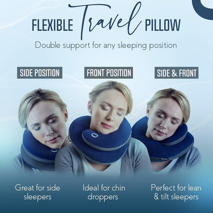 BCOZZY Travel Neck Pillow for Airplane– Patented Double Support for Head, Neck, and Chin. Best for Long Flights, Plane Sleeping, and Car Rides. Adjustable Size. Fully Washable. Carry Bag. Large, Black