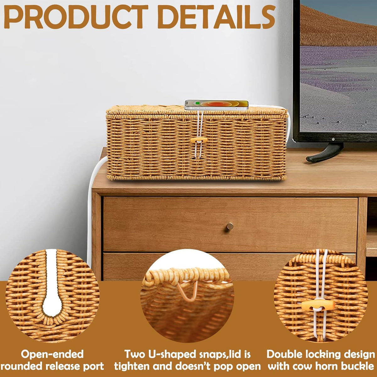 2PCS Cable Management Box, Handmade Rattan Cable Organizer Cord Basket