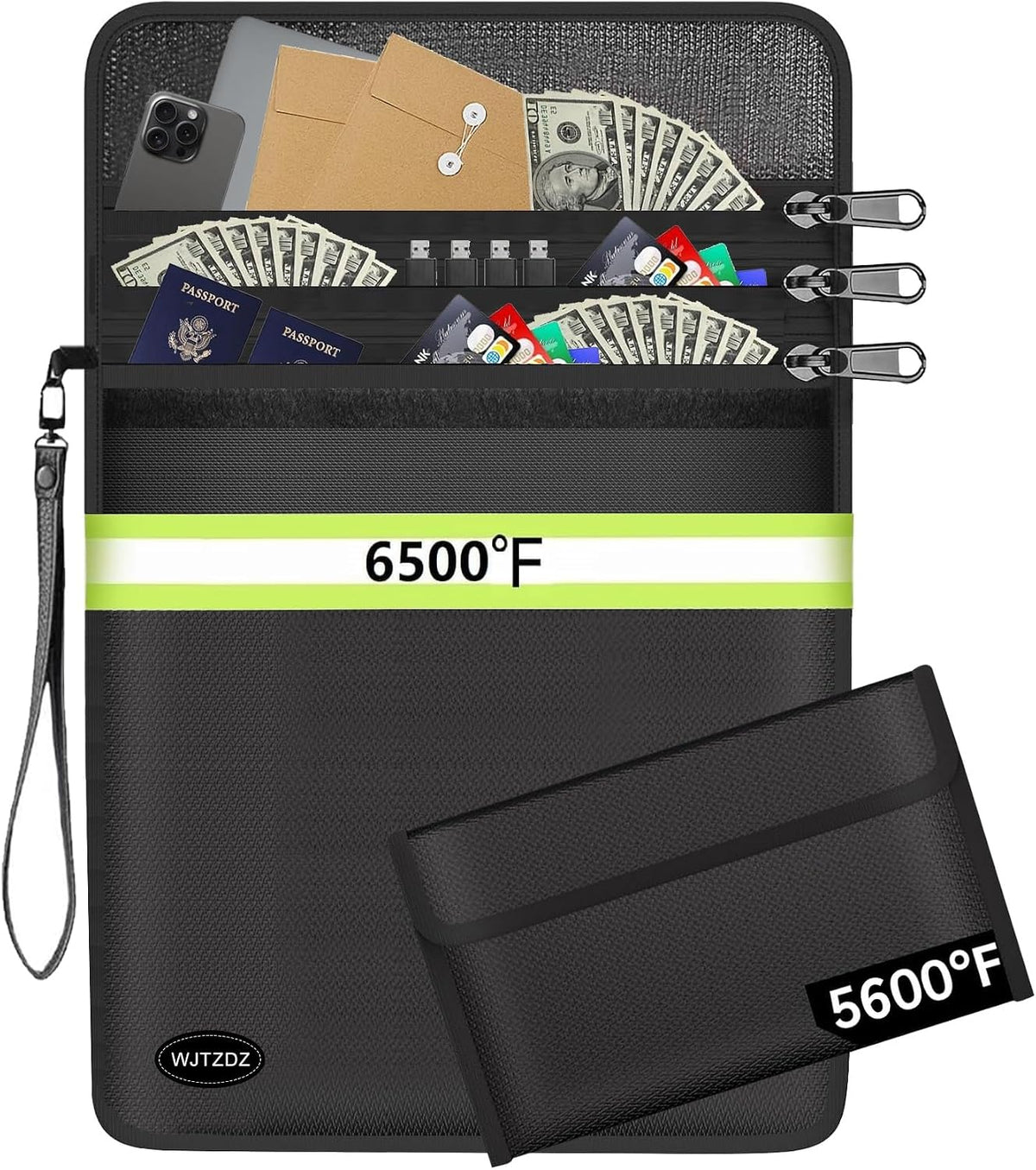Upgraded 6500° Fireproof Money Bag for Cash,11.2"×7.7"& 8"×5"Small Fire Proof Money Bag for Cash with Reflective Strips,Portable Fire Safe Bag for Passports,Cash,Power Bank,Valuables