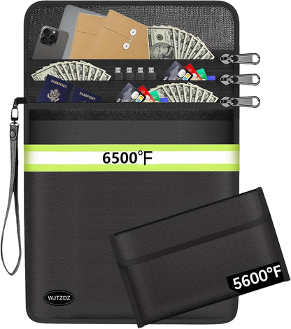 Upgraded 6500° Fireproof Money Bag for Cash,11.2"×7.7"& 8"×5"Small Fire Proof Money Bag for Cash with Reflective Strips,Portable Fire Safe Bag for Passports,Cash,Power Bank,Valuables