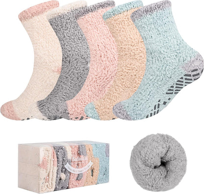 Bulinlulu Fuzzy Socks With Grips for Women, 5 Pairs Non Slip Sleep Warm Fluffy Slipper Socks Gifts for Women