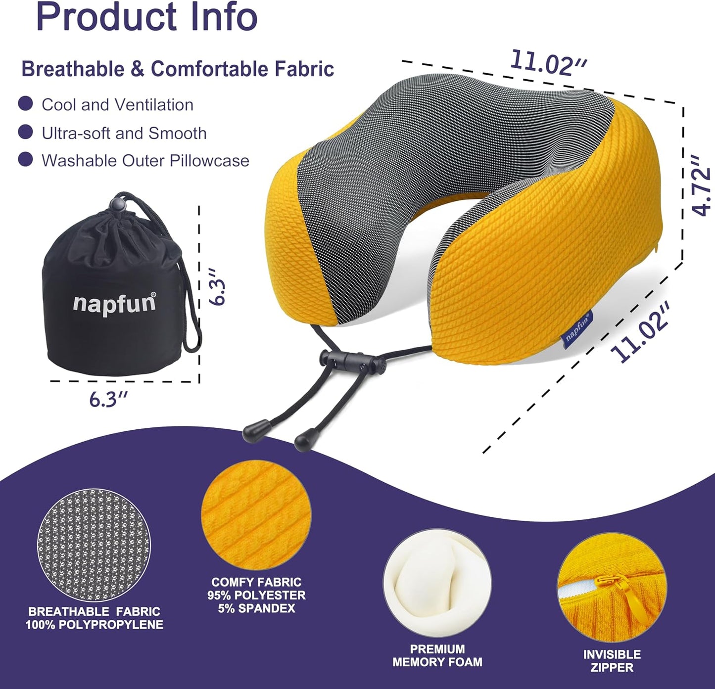 napfun Neck Pillow for Traveling, Upgraded Travel Neck Pillow for Airplane 100% Pure Memory Foam Travel Pillow for Flight Headrest Sleep, Portable Plane Accessories, Light Grey