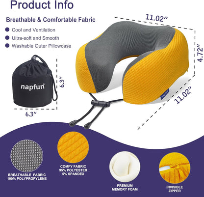 napfun Neck Pillow for Traveling, Upgraded Travel Neck Pillow for Airplane 100% Pure Memory Foam Travel Pillow for Flight Headrest Sleep, Portable Plane Accessories, Light Grey