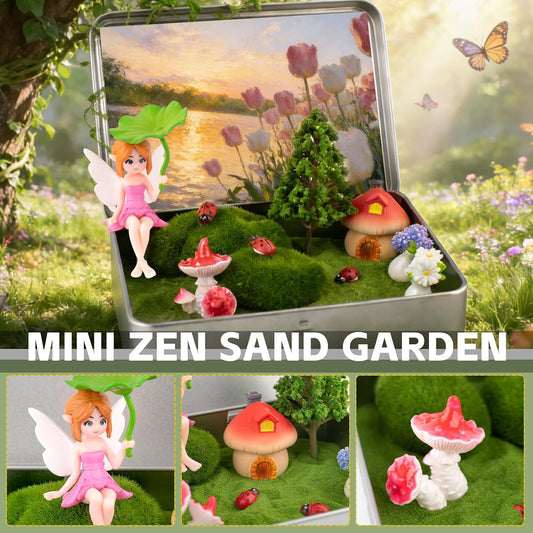Zen Garden Kit for Desk Decor, Mini Zen Sand Garden with Tina & 1 Rake, Green Sand & 11 Accessories, Japanese Gifts for Meditation Room Office Home (Fairy Style)