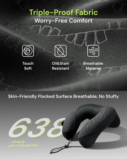 BENEUNDER Travel Neck Pillow for Airplane, Inflatable Compact 360°Head Support Pillow, Comfortable Breathable Cover for Travel, Train,Car with Storage Bag, Black