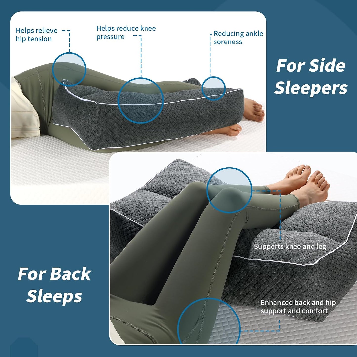 HOMBYS Shredded Memory Foam Knee Pillow for Side Sleepers, 6.5" Height Pillow Between Legs for Aligns Spine & Relieves Pressure Hip & Leg Elevation, Supportive Pillow for Pregnancy, Sciatica, White