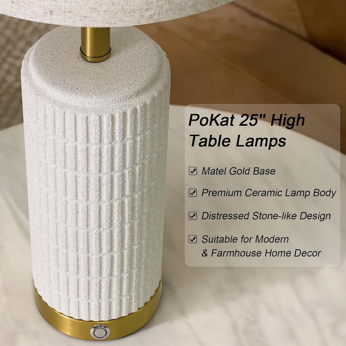 PoKat Touch Bedside Table Lamps with 2 USB for Bedroom Living Room, 25''