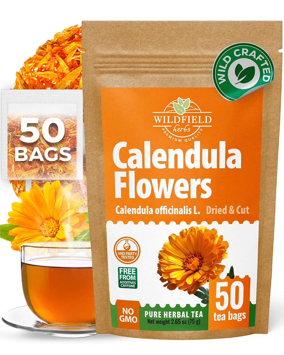 50 Bags Calendula Tea Dried Flowers Herbal Tea (Calendula Officinalis) - 50 Count 1.5 g Flower Herb