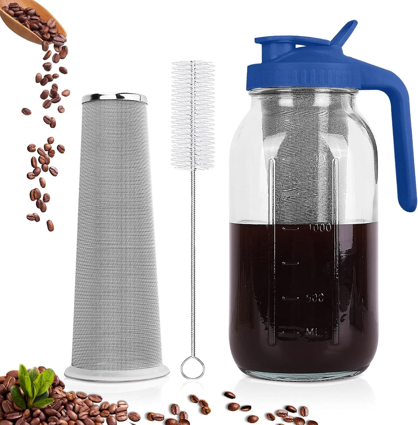 Cold Brew Coffee Maker,64 oz Mason Jar Pitcher with Stainless Steel Filter, Pour Spout Handle Lid, Heavy Duty Glass Airtight & Leak-Proof for Iced Coffee,Tea & Lemonade
