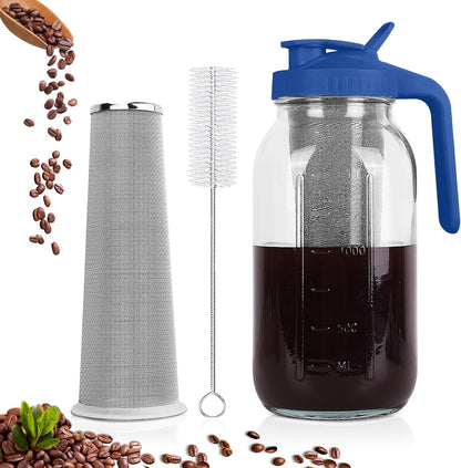 Cold Brew Coffee Maker,64 oz Mason Jar Pitcher with Stainless Steel Filter, Pour Spout Handle Lid, Heavy Duty Glass Airtight & Leak-Proof for Iced Coffee,Tea & Lemonade