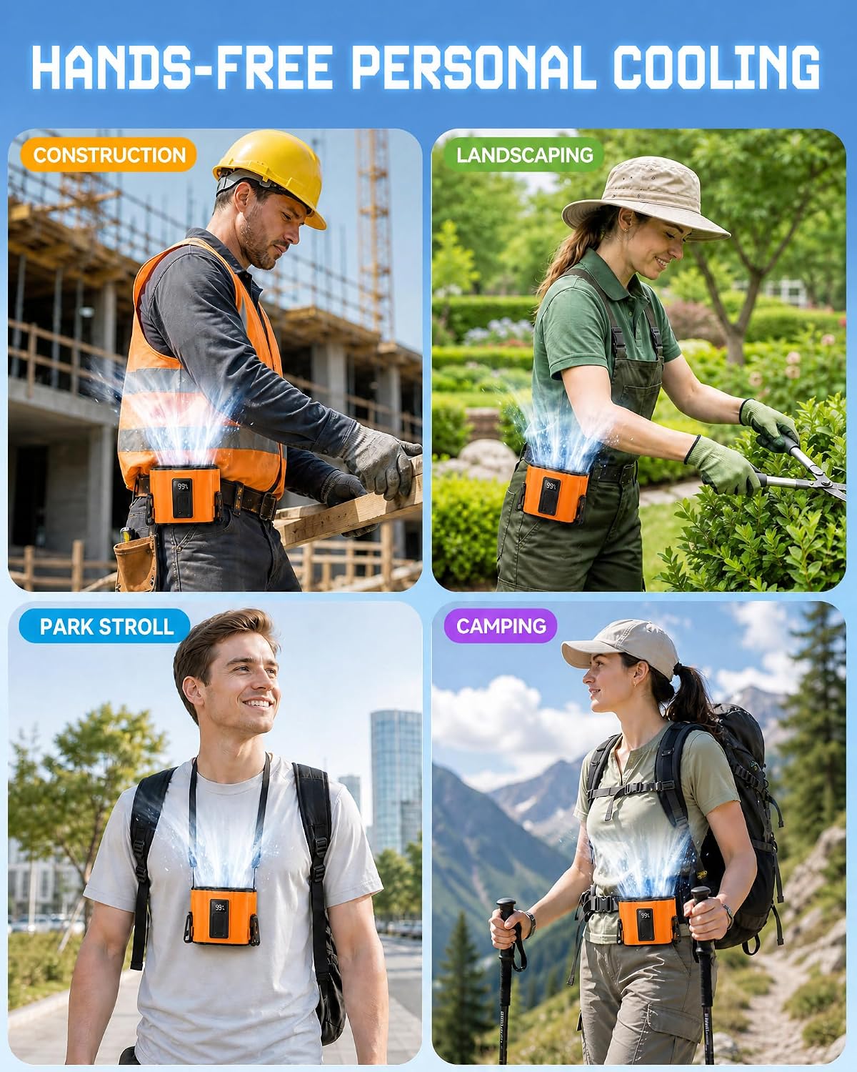 Portable Personal Fan: 3-Motor Hands-Free Waist Fan with 12,000mAh Battery