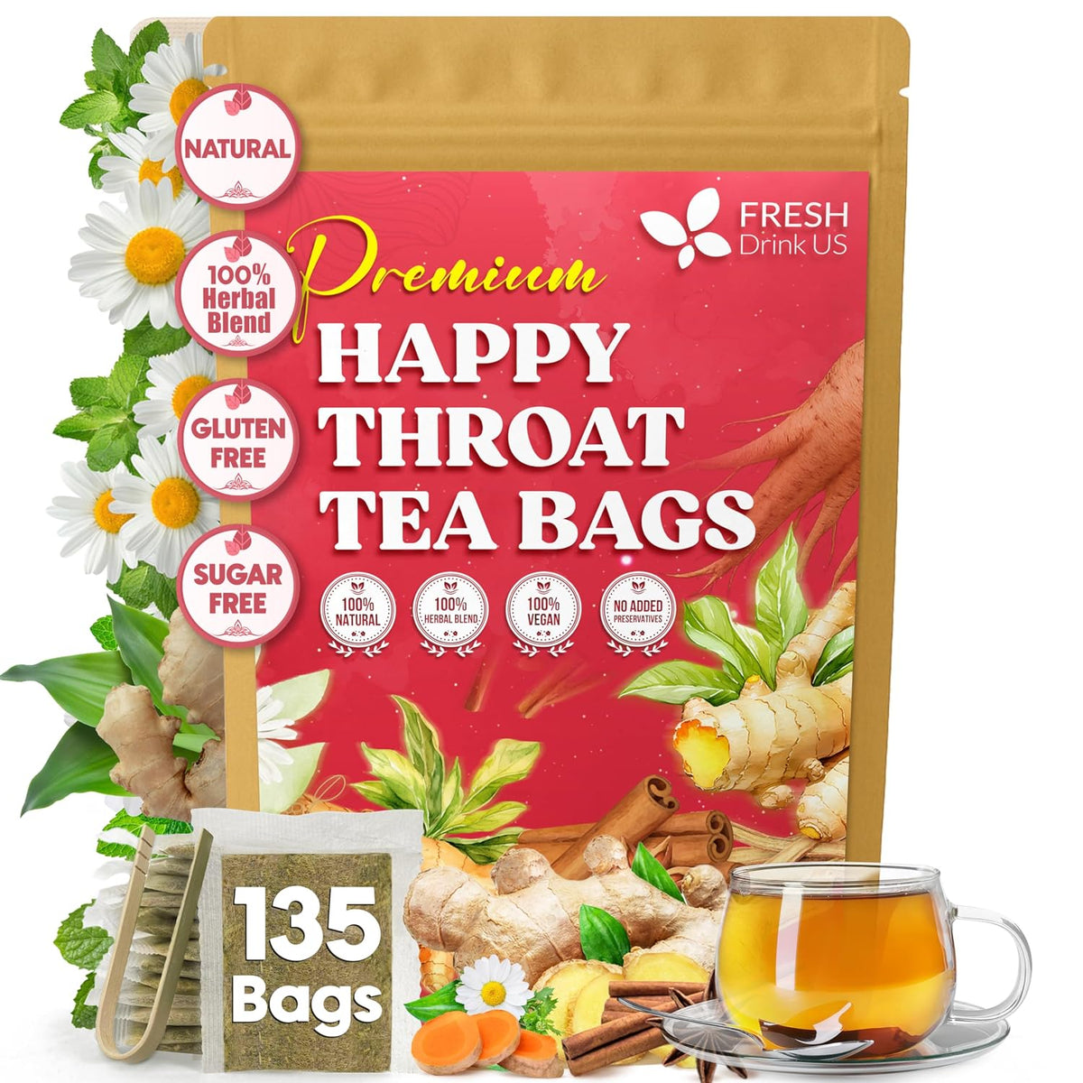 FreshDrinkUS, Premium Happy Throat Herbal Tea, 135 Count, Caffeine Free