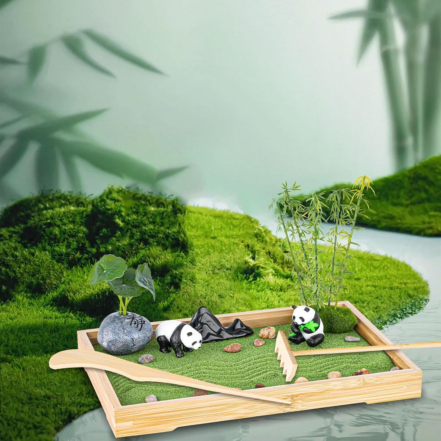 Zen Garden Kit for Desk 11''x7.5'' Room Decor with Green Sand, Panda Decorative Ornaments, Haystack, Ceramic Mountain, Stones and Rakes (Panda Bamboo)