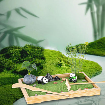 Zen Garden Kit for Desk 11''x7.5'' Room Decor with Green Sand, Panda Decorative Ornaments, Haystack, Ceramic Mountain, Stones and Rakes (Panda Bamboo)