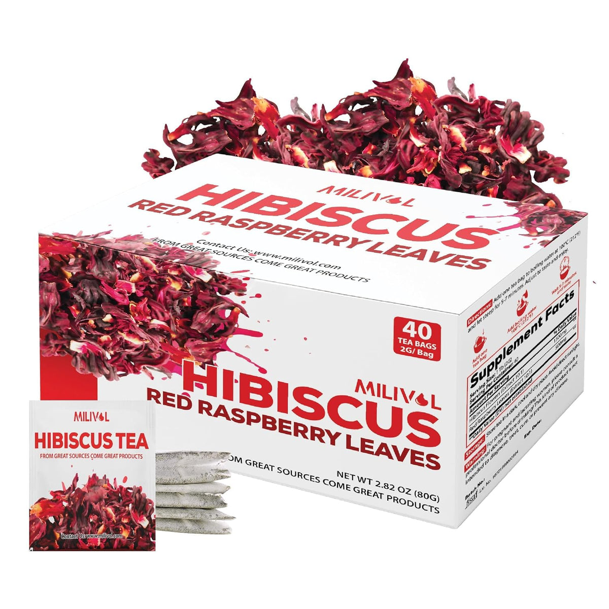 MILIVOL Hibiscus Flowers Mixed Red Raspberry Leaf Tea Bags - 1.5Gr/Bag - 40 Bags - Non-GMO, Caffeine-free Tea supports Heart, Digestion and Mood