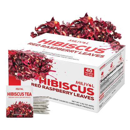 MILIVOL Hibiscus Flowers Mixed Red Raspberry Leaf Tea Bags - 1.5Gr/Bag - 40 Bags - Non-GMO, Caffeine-free Tea supports Heart, Digestion and Mood