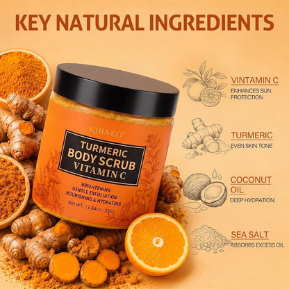 RIHAKO Turmeric Body Scrub, Exfoliating Body Scrub with Vitamin C, Deep Cleansing Skin Exfoliator Scrub, Organic Moisturizing Skincare for Bikini Area, Body, Hands, and Foot 11.64 oz