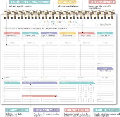 Weekly To Do List Notepad with 52 Undated Sheets（8.5"×11"）- Weekly Desk Planner Pad with Spiral Binding for Women & Man, Office, School and Home Personal Organizer