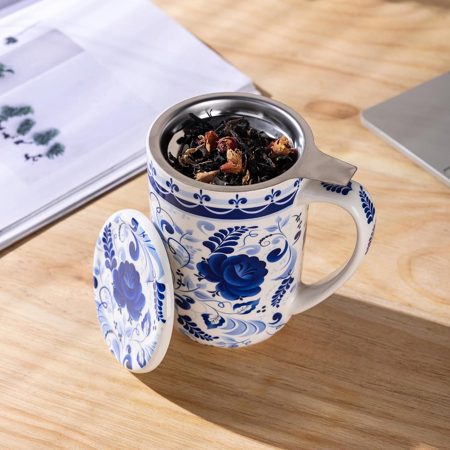 GBhome Tea Mug with Infuser and Lid, 18 Ounce Large Ceramic Loose Leaf Cup, Microwave, Dishwasher Safe, Perfect for Tea Lovers