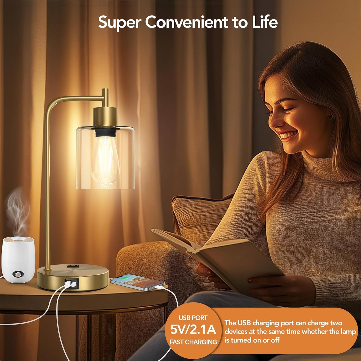 QiMH Industrial Table Lamp for Bedroom Set of 2, Green Glass Beside Lamp with USB A&C Ports, Stepless Dimmable Gold Lamps, Nightstand Lamps for Living Room, Office, Home Decor(Bulb Included)
