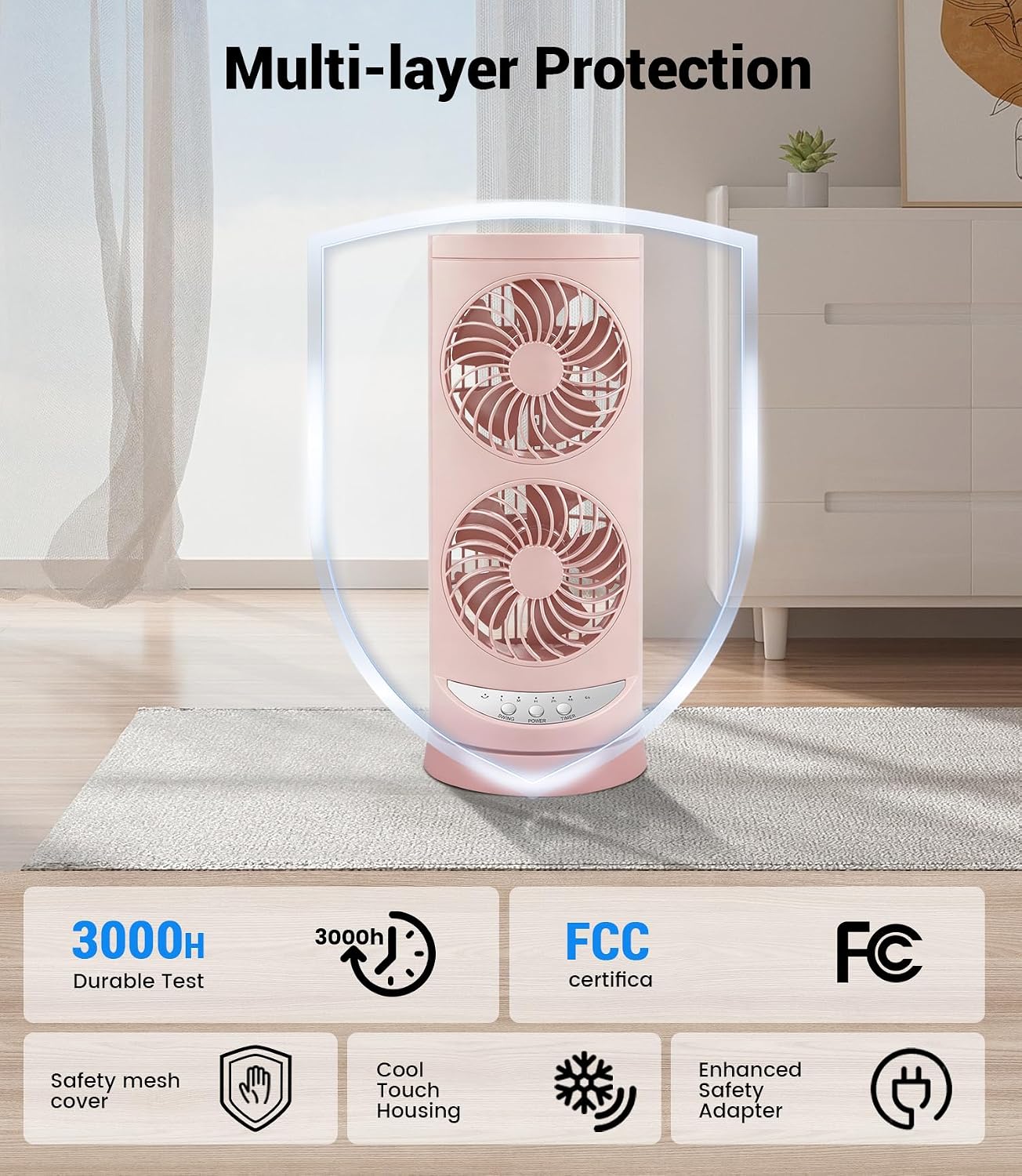 Personal Tower Cooling Fans that Blow Cold Air, Standing Small Desk Fan with 3 Speeds & Timer, 60° & 110° Oscillating Table Fan, Quiet and Safe Electric Floor Fan for Bedroom, Bedside, Home, Office