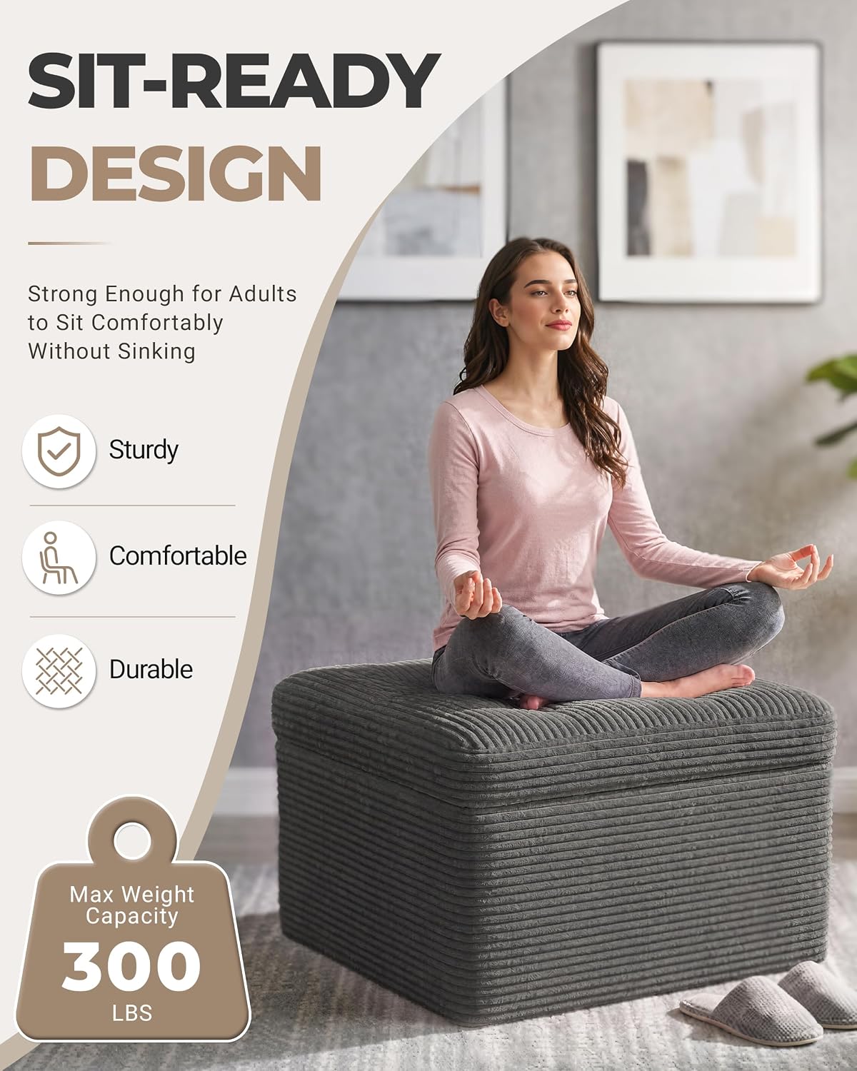 23.6in Pouf Ottoman, Corduroy Ottoman Foot Rest with Dual‑Layer Support, Large Plush Pouf with Soft Chunk‑Foam Top & Firm Foam Base, Floor Foot Stool for Living Room, Beige