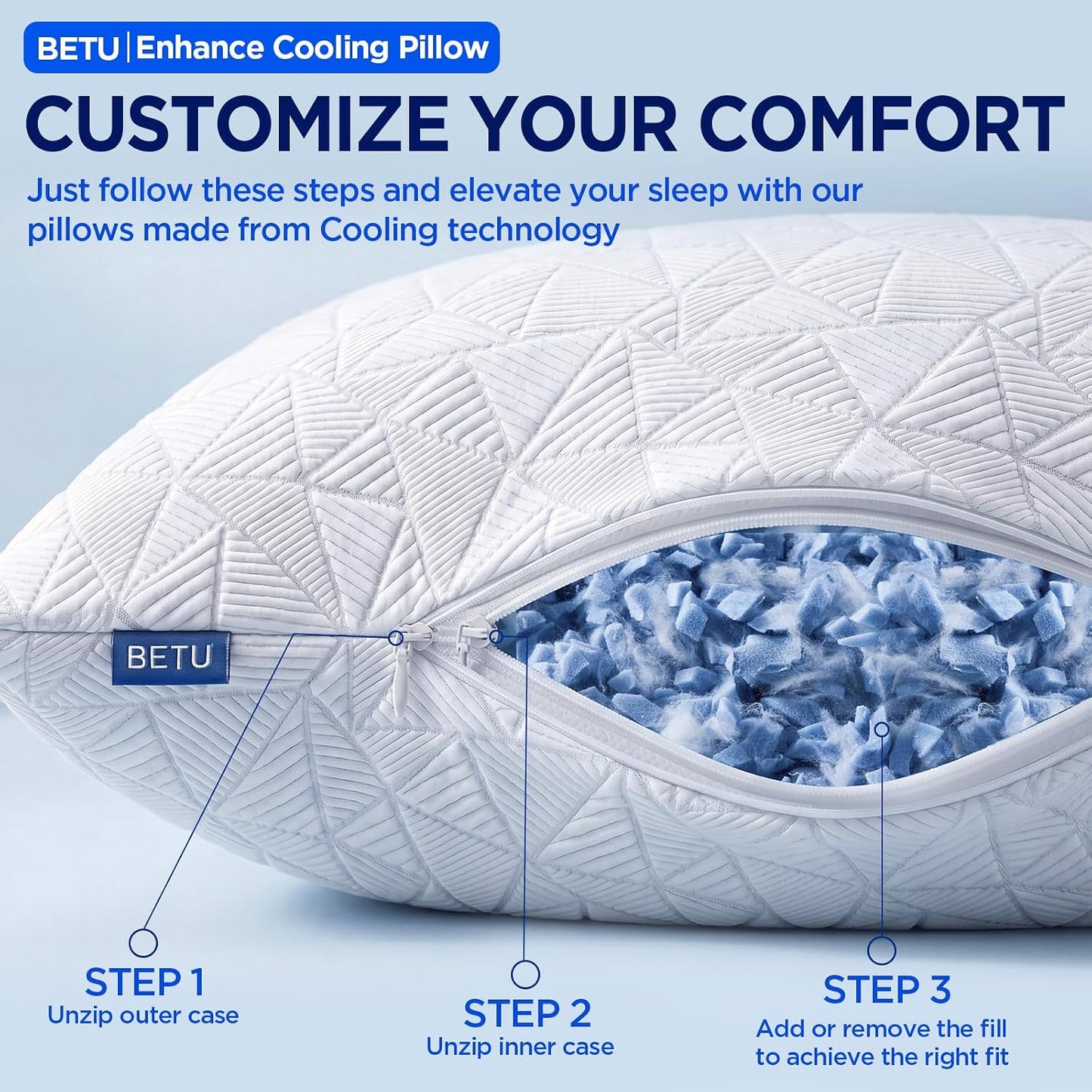 BETU Cooling Pillow Queen Size, Shredded Memory Foam Pillow for Hot Sleepers, Adjustable Firm Soft Support Pillows, Cool Bed Pillows for Side Back Stomach Sleeping Sleepers, gifts for boyfriend, White