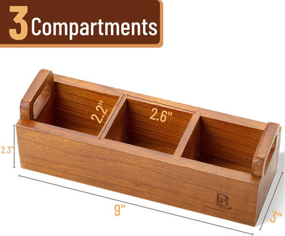 BAMBOO LAND- Small Wooden Tea Bag Organizer, 3 Slot Small Wooden Tea Bag Holder for Countertop, Storage Caddy Box for Tea Packets, Sugar Packet Holder, Kitchen Accessory for Home, Office, Coffee Bar