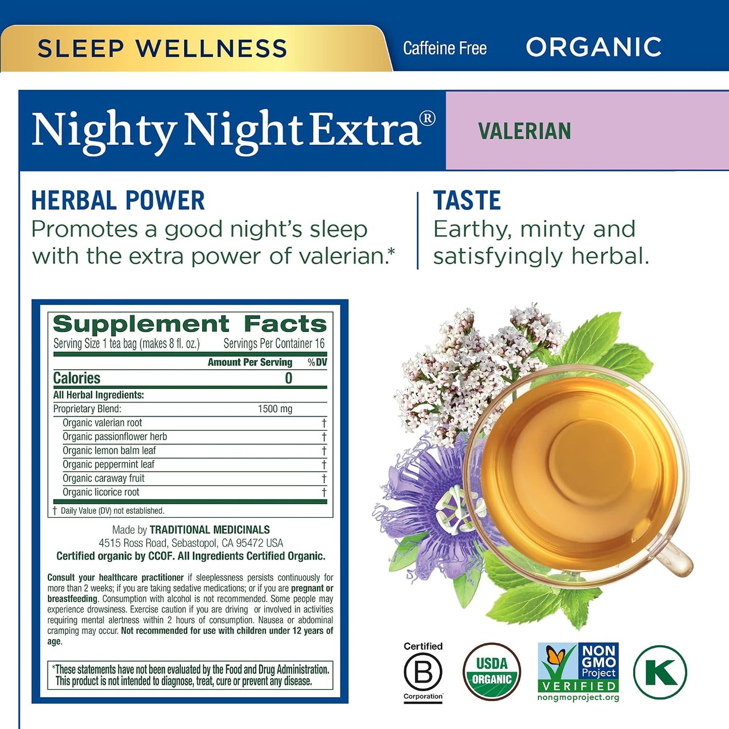 Traditional Medicinals Organic, Nighty Night Extra, Valerian Root & Lemon Balm - Herbal Sleep Aid Tea - Kosher, Non-GMO, Caffeine-Free, Compostable - 96 Tea Bags (6 Packs of 16)