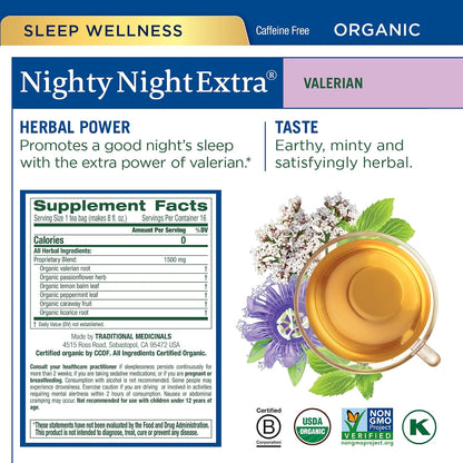 Traditional Medicinals Organic, Nighty Night Extra, Valerian Root & Lemon Balm - Herbal Sleep Aid Tea - Kosher, Non-GMO, Caffeine-Free, Compostable - 96 Tea Bags (6 Packs of 16)
