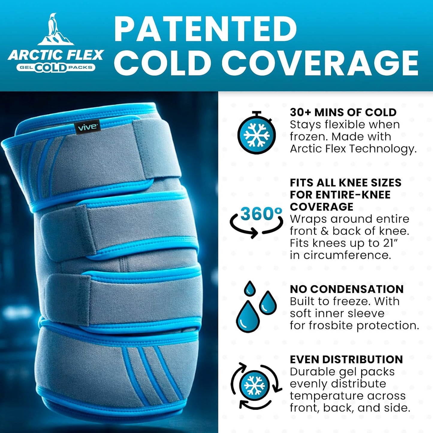 Vive Knee Ice Pack Wrap - Cold/Hot Gel Compression Brace - Heat Support Strap for Arthritis Pain, Tendonitis, ACL, Athletic Injury, Osteoarthritis, Women, Men, Running, Meniscus and Patella Surgery