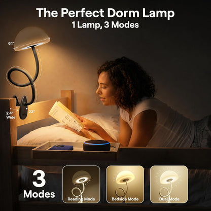 Shroommate Dorm Room Essential Clip On Bed Light - Headboard and Bedside Table Lamp, Flexible Reading Lamp, Night Light for Kids Nursery, Clip on for Desk, MultiColor LEDs, Adapter Included (White)