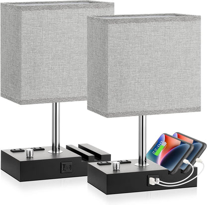 Kakanuo Fully Dimmable Nightstand Lamp for Bedroom with USB C Ports, Grey Small Bedside Table Lamp with Charging Outlets and Phone Stands, Wooden Desk Lamp for Living Room, LED Bulb Included