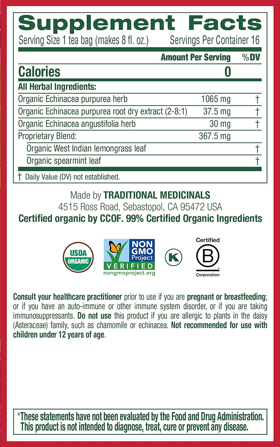 Traditional Medicinals Organic Echinacea Plus with Spearmint Herbal Tea, Promotes Immune Function, (Pack of 3) - 48 Tea Bags Total