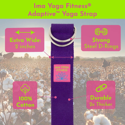 Adaptive Yoga Strap for Stretching - Extra-Wide 2 Inches 100% Cotton Stretch Strap with Steel D-Rings for Physical Therapy, Pilates & Flexibility - Storage Pouch & E-Book