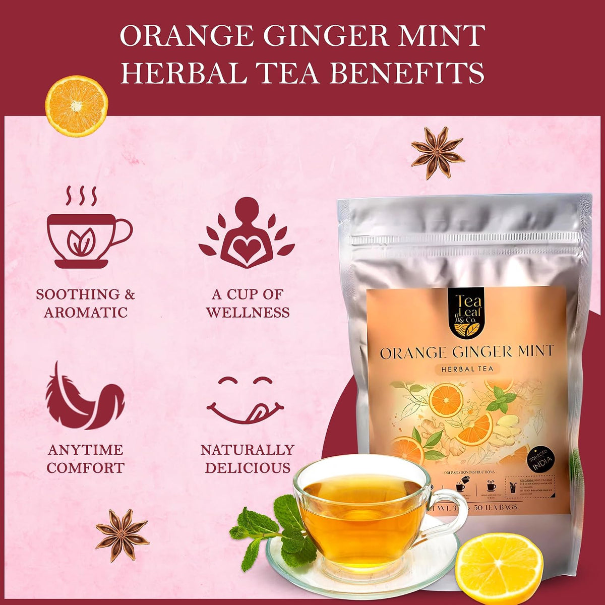 Orange Ginger Mint Herbal Tea 100gm, Natural Herbal Infusion, 50 Tea Bags