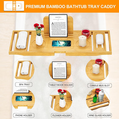 Bathtub Tray Caddy - Bath Tray - Bath Tub Tray Caddy - Bamboo Bath Table Tray for Tub - Expandable Size, Fits Most Tubs