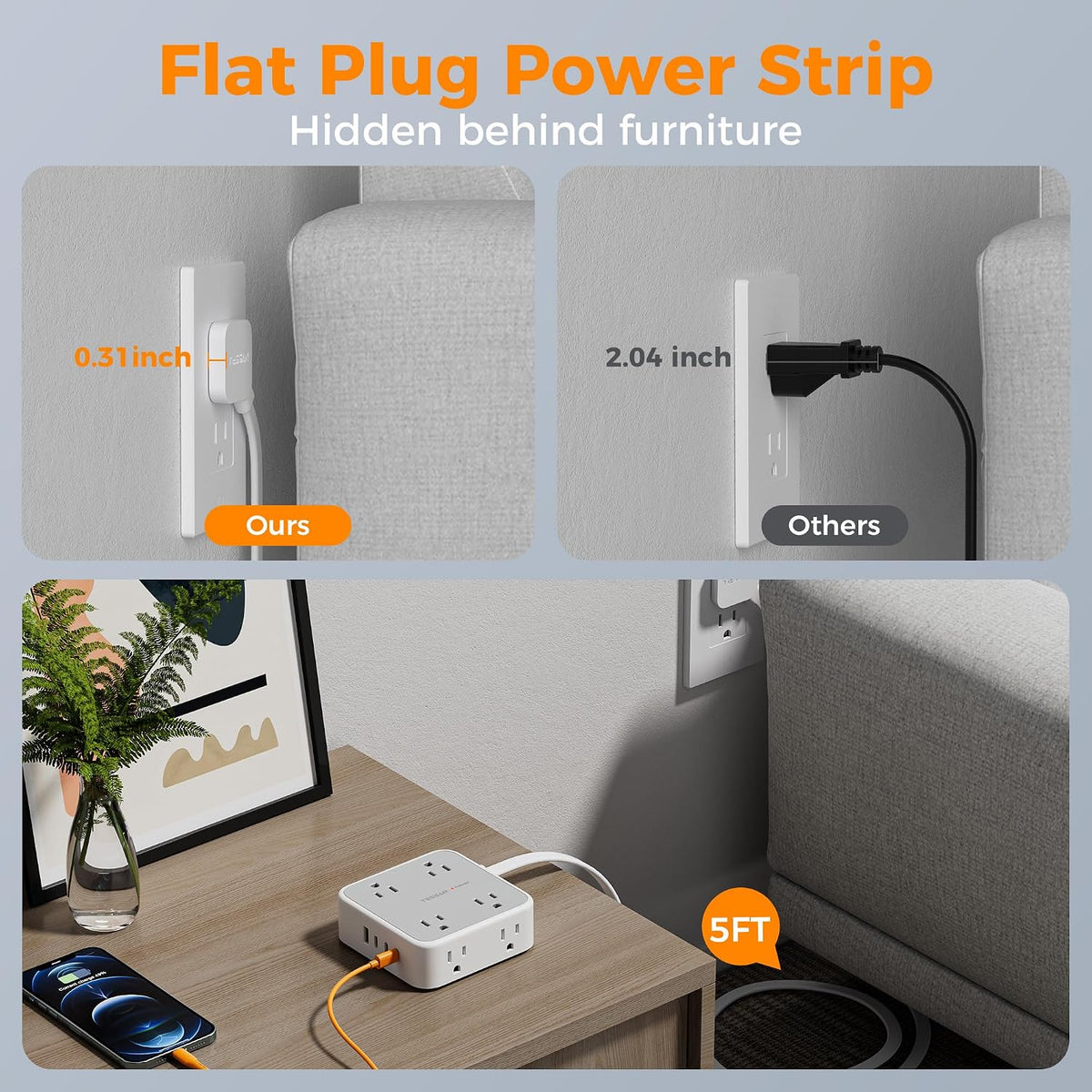 TESSAN Surge Protector Power Strip with 900J Surge Protection, 5 Ft, Grey