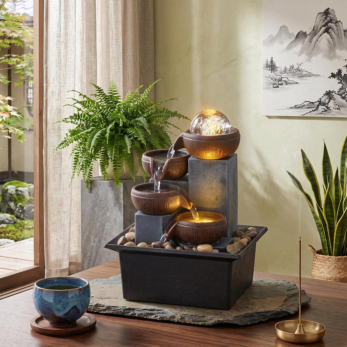 Tabletop Fountain 4 Level Tabletop Waterfall Indoor Meditation Fountain Office Home Relax Desktop Waterfall Includes Many Natural River Rocks LED Lights Bubble Ball Great Choice as Festival Gifts