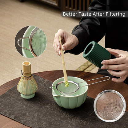 Matcha Whisk Set, Matcha Set Includes Ceramic Matcha Bowl, Bamboo Whisk, Scoop, Chasen Holder, Sifter, 5 Pcs Perfect Matcha Kit for Matcha Lover (Mottled Green)
