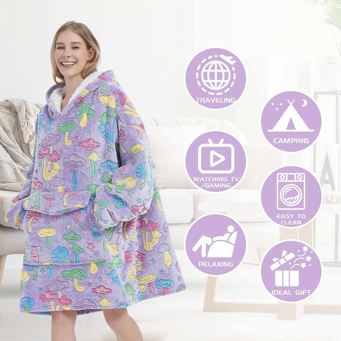 Mewkou Wearable Blanket Hoodie for Adult,Oversized Sherpa Fleece Blanket Hoodie for Women Men,Grey